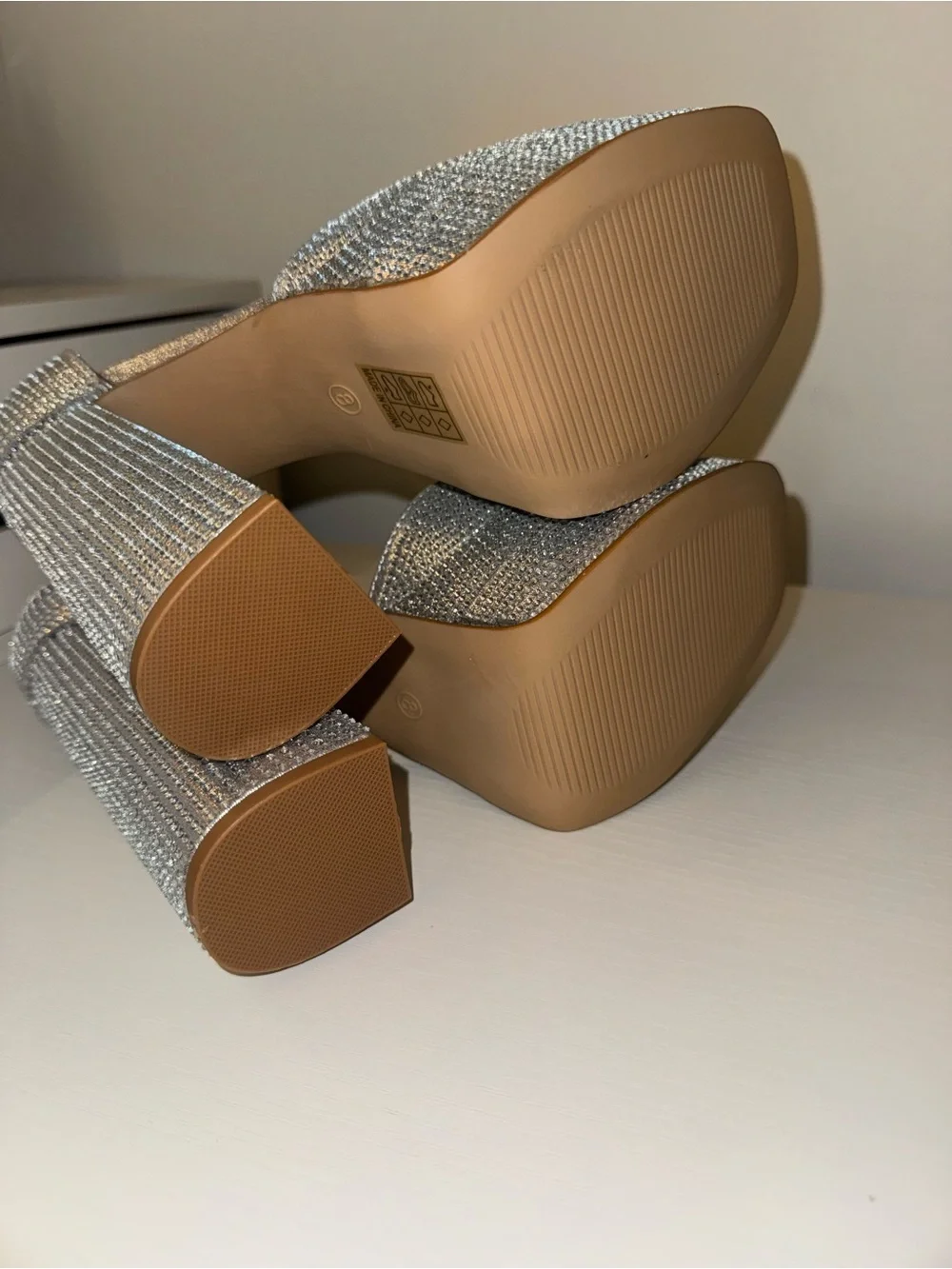 Dream Pairs Silver Crystal Platform Heels with Ankle Strap - Size 8